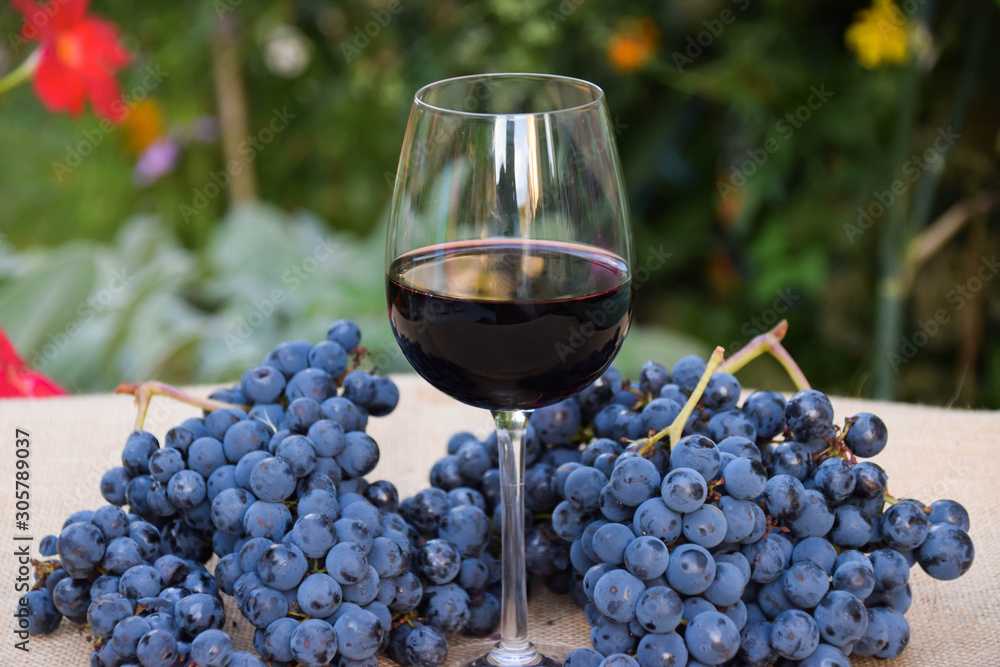 glass of wine and grapes on wooden table