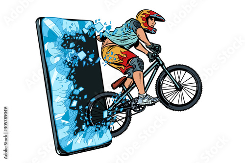 sports online news concept. athlete cyclist in a helmet on a mountain bike