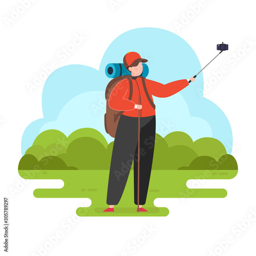 Man take selfie, hiking or camping vector flat illustration