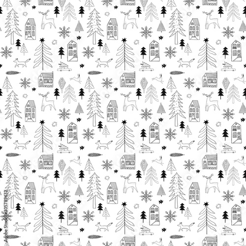 Christmas icons seamless pattern, forest seamless pattern, christmas doodle. Happy Winter Holiday tile background. Doodle outline ornamental design elements. Isolated on white background.
