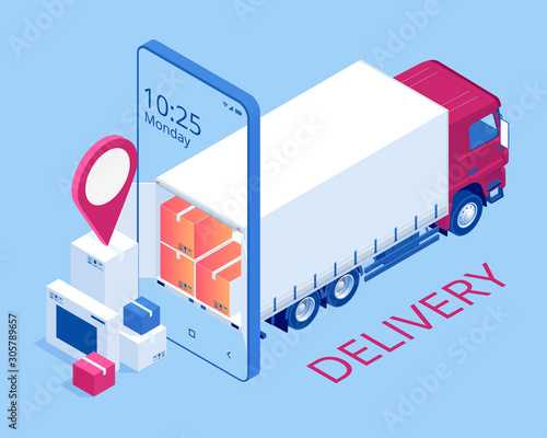 Isometric Logistics and Delivery concept. Delivery home and office. City logistics. Online delivery service, online order tracking