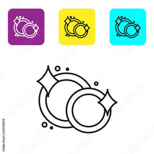 Black line Washing dishes icon isolated on white background. Cleaning dishes icon. Dishwasher sign. Clean tableware sign. Set icons colorful square buttons. Vector Illustration