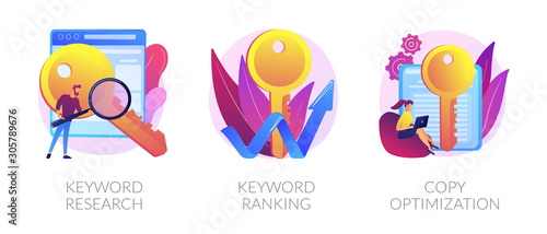 Search engine optimization service icons set. SEO analytics, marketing business. Keyword research, keyword ranking, copy optimization metaphors. Vector isolated concept metaphor illustrations