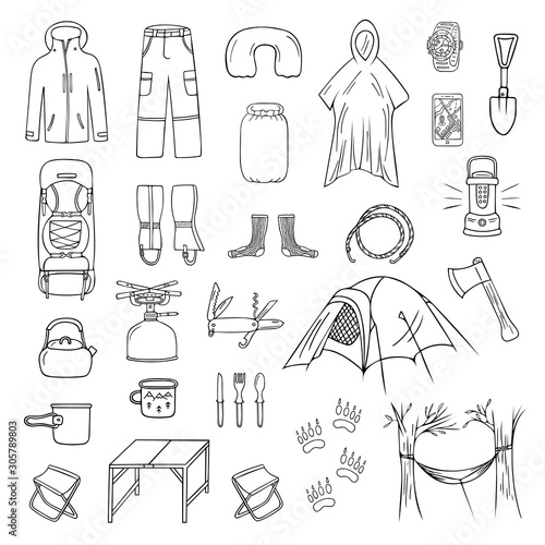 Set of doodle camping and trekking icons isolated on white background. Drawing of hiking equipment, accessories, clothes, etc. Black and white vector illustration