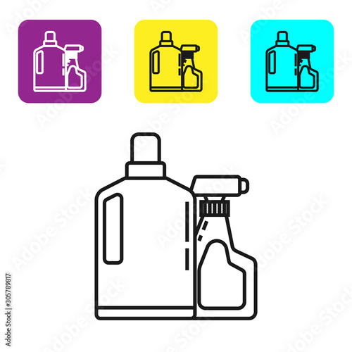 Black line Plastic bottles for liquid laundry detergent, bleach, dishwashing liquid or another cleaning agent icon isolated on white background. Set icons colorful square buttons. Vector Illustration