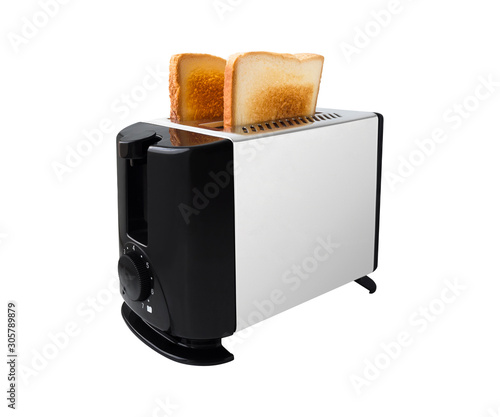 Brown bread toasts in toaster isolated on white background