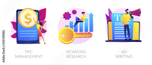 Content marketing and SEO copywriting flat icons set. Internet advertising and blogging. PPC management, Keyword research, Ad writing metaphors. Vector isolated concept metaphor illustrations