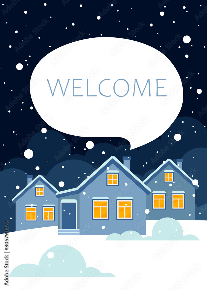 welcome. vector illustration. invitation to the cottage village, rustic houses.