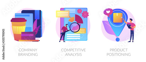 Corporate identity, Business marketing strategy development flat icons set. Company branding, competitive analysis, product positioning metaphors. Vector isolated concept metaphor illustrations