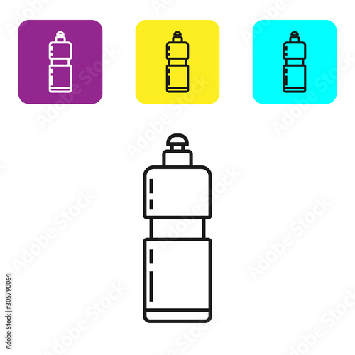 Black line Plastic bottle for liquid laundry detergent, bleach, dishwashing liquid or another cleaning agent icon isolated on white background. Set icons colorful square buttons. Vector Illustration
