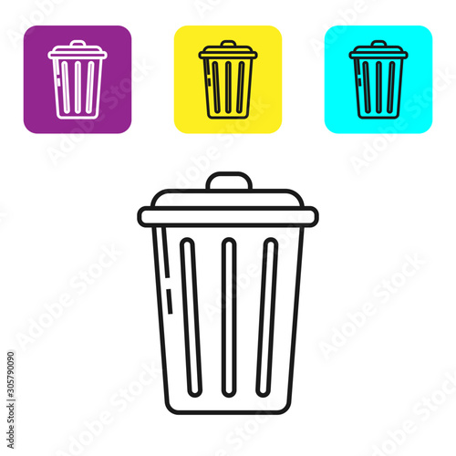 Black line Trash can icon isolated on white background. Garbage bin sign. Recycle basket icon. Office trash icon. Set icons colorful square buttons. Vector Illustration