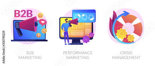 Advertising business icons set. Investment efficiency monitoring, problem solution. B2B marketing, performance marketing, crisis management metaphors. Vector isolated concept metaphor illustrations