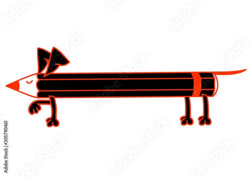 Pencil in the form of a dog doing a stand. Vector illustration isolated on white background, logo, t-shirt design.