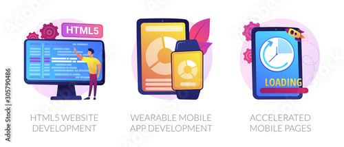 Web programming language, smart tech, app optimization. HTML5 website development, wearable mobile app development, accelerated mobile pages metaphors. Vector isolated concept metaphor illustrations