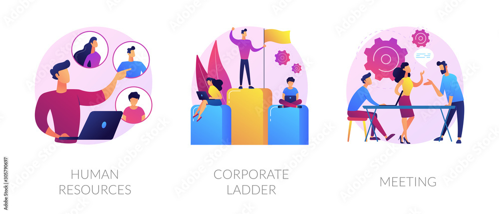 Staff management icons set. Job promotion, leadership ways. Business conference. Human resources, corporate ladder, meeting metaphors. Website web page template - concept metaphors.