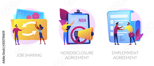 Company principles icons set. Employer and employee contract, labor obligations. Job sharing, nondisclosure agreement, employment agreement metaphors. Website web page template - concept metaphors.