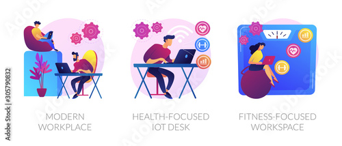 Professional workspace icons set. Smart personal space, employee care. Modern workplace, health-focused IOT desk, fitness-focused workspace metaphors. Vector isolated concept metaphor illustrations