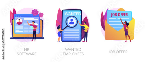 Recruitment agency icons set. Human resources management, personnel hiring, employment contract. HR software, wanted employees, job offer metaphors. Vector isolated concept metaphor illustrations