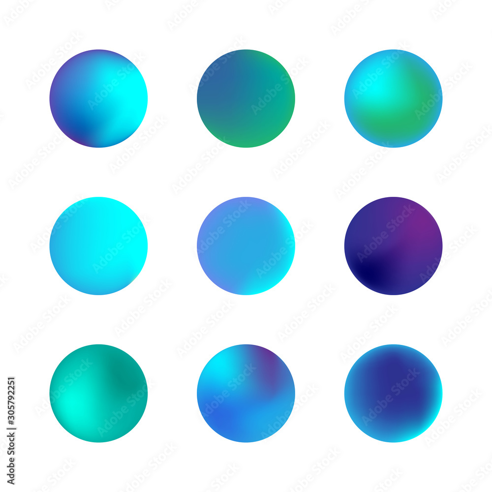 Vector set of holographic gradient sphere. Blue neon circle gradients. Colorful round buttons isolated on white background. Vector set of holographic gradient sphere. Blue neon circle gradients. Colorful round buttons isolated on white background.