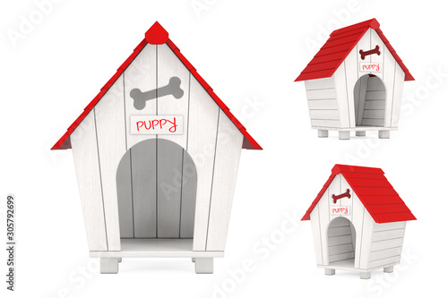 Quadro su tela Wooden Cartoon Dog House with Red Roof and Puppy Sign