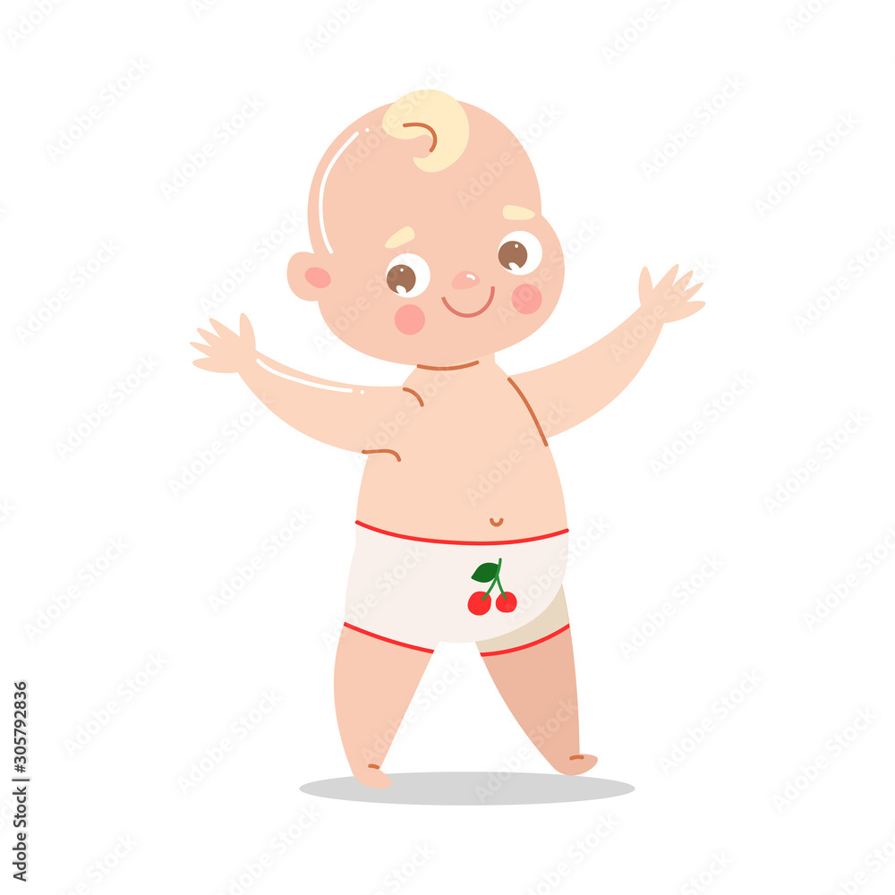 Cute happy baby in white underpants standing and smiling. Vector illustration in flat cartoon style.
