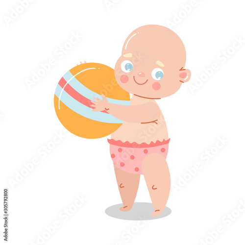 Cute happy smiling baby in pink underpants standing and holding the ball. Vector illustration in flat cartoon style.