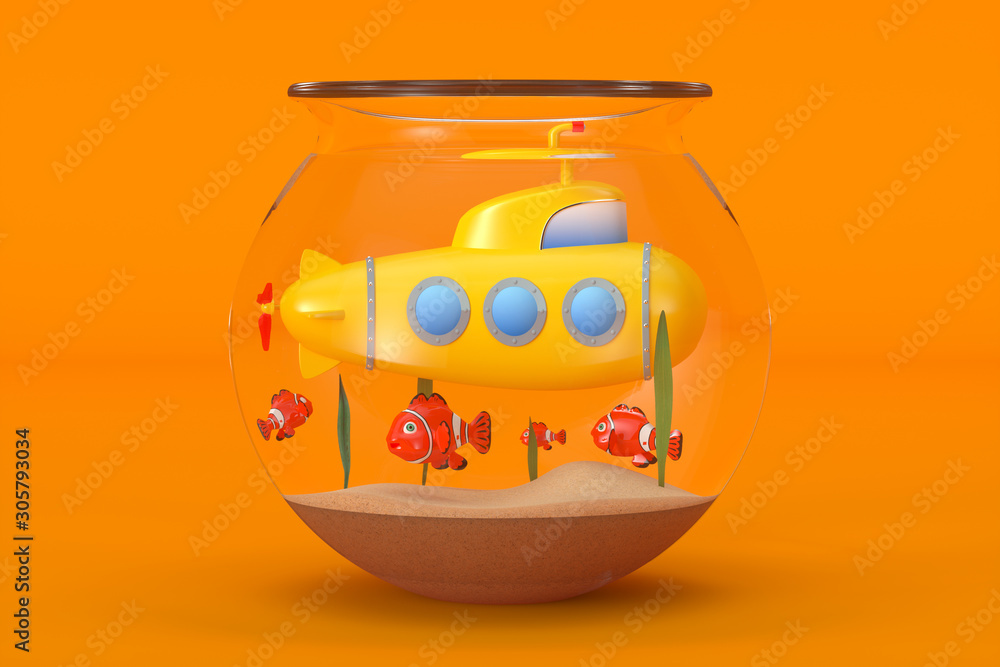 Yellow Toy Submarine in Aquarium Swims Under Water with Fishes. 3d Rendering Yellow Toy Submarine in Aquarium Swims Under Water with Fishes. 3d Rendering