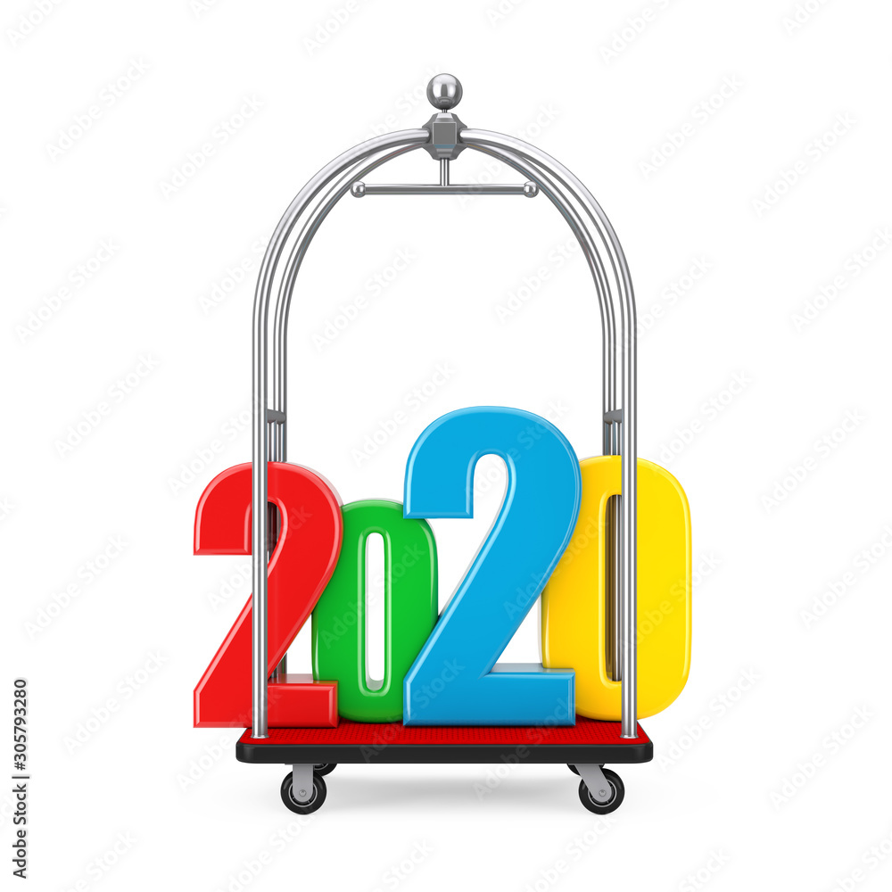 Colored 2020 New Year Sign over Silver Chrome Luxury Hotel Luggage Trolley Cart. 3d Rendering Colored 2020 New Year Sign over Silver Chrome Luxury Hotel Luggage Trolley Cart. 3d Rendering