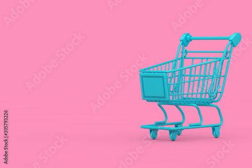 Blue Shopping Cart Trolley Mock Up Duotone. 3d Rendering