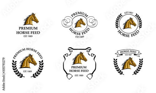 Horse feed logo design. Use it for makeing web or print posters for equine competitions or stable. Vector illustration.