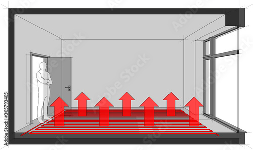3d illustration of  empty room with door and tall french window and standing man in the opened door and floor heating 