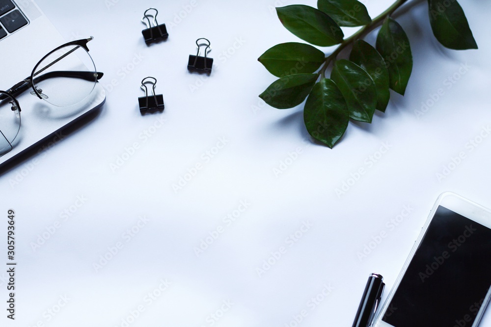 Desk with, eye glasses, pen and green plant. Top view with copy space.