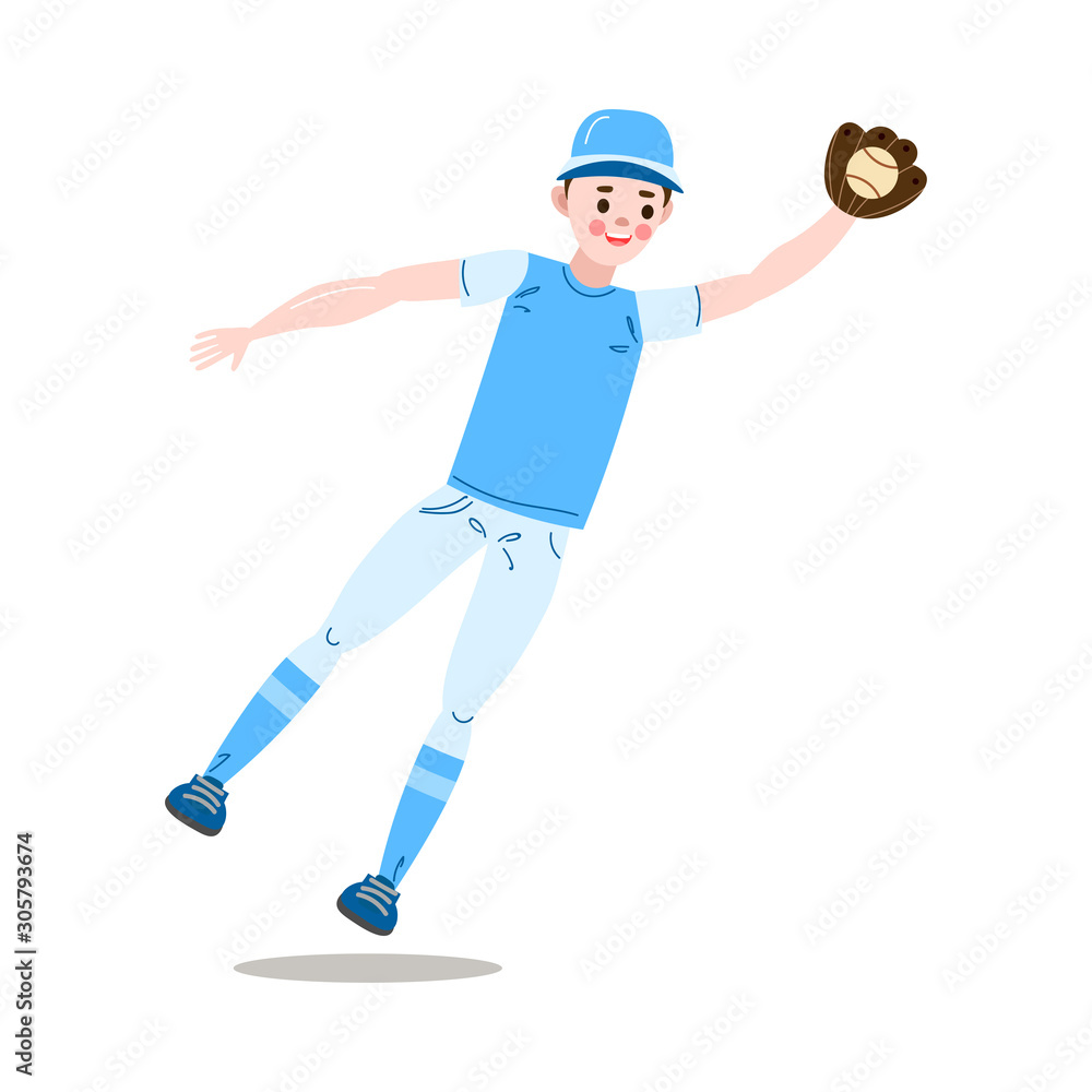 The teenage boy plays baseball in a blue uniform catching a ball with the glove. Vector illustration in the flat cartoon style. The teenage boy plays baseball in a blue uniform catching a ball with the glove. Vector illustration in the flat cartoon style.