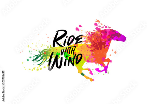 Equine poster design. Decorate horse and calligraphy text. Vector illustration.