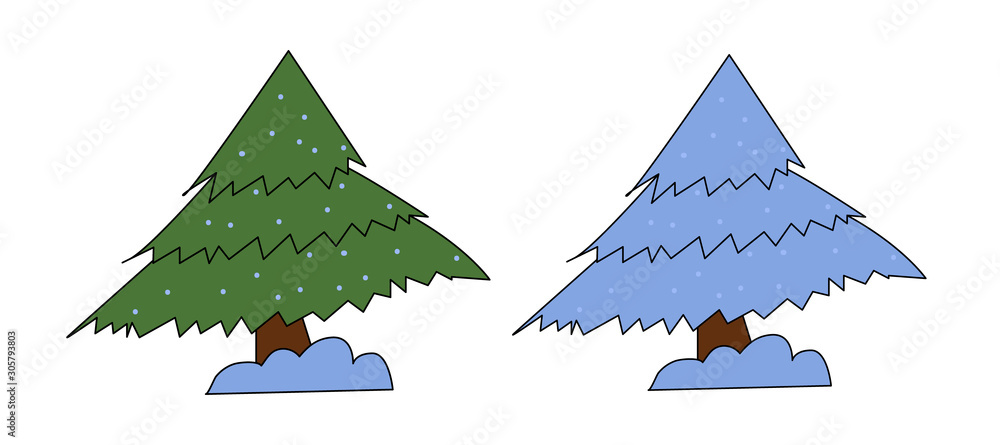 Fototapeta premium Set of two christmas trees green and snowy isolated on a white background. The symbol of New Year.