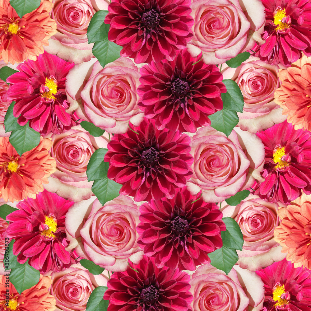 Beautiful floral background of dahlias and roses. Isolated