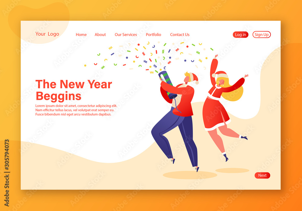 Happy couple in festive clothes and funny Santa Clouse hats dancing and enjoying Xmas holidays. New Year corporate party concept for website landing page. Celebration theme for web page banner. 