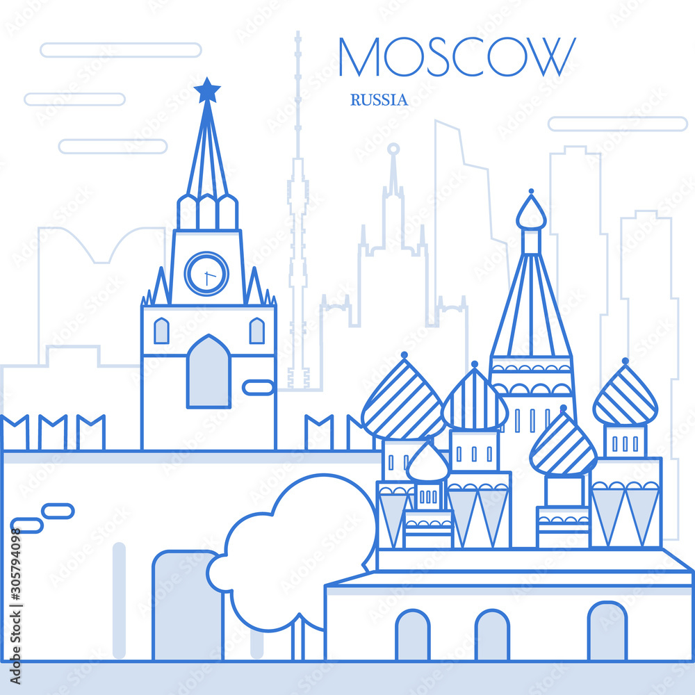 Russian Icons ,Banner of Moscow city in flat line trendy style. Moscow city line art. All buildings separated , Stock vector