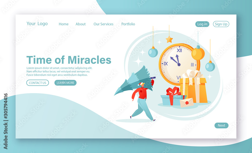 Concept of landing page on winter holidays theme. Flat cartoon man character preparing for the New Year,  he carries Christmas tree on the background of gift boxes and large clock. New Year is coming.
