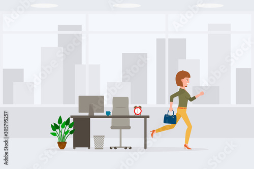 Young adult woman in yellow pants running away from office at the end of day vector illustration. Fast moving forward, going home cartoon character on cityscape background