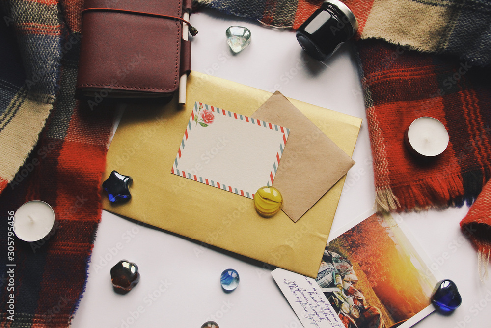 Letters and greeting postcard, winter home comfort