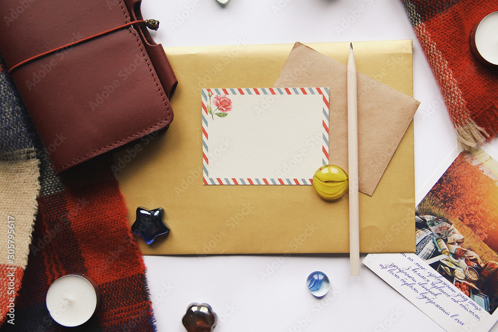 Letters and greeting postcard, winter home comfort