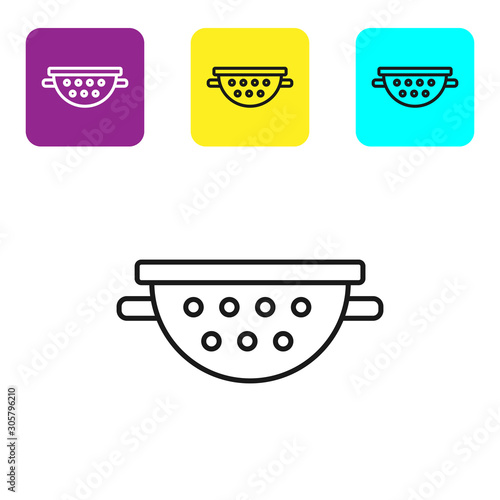 Black line Kitchen colander icon isolated on white background. Cooking utensil. Cutlery sign. Set icons colorful square buttons. Vector Illustration