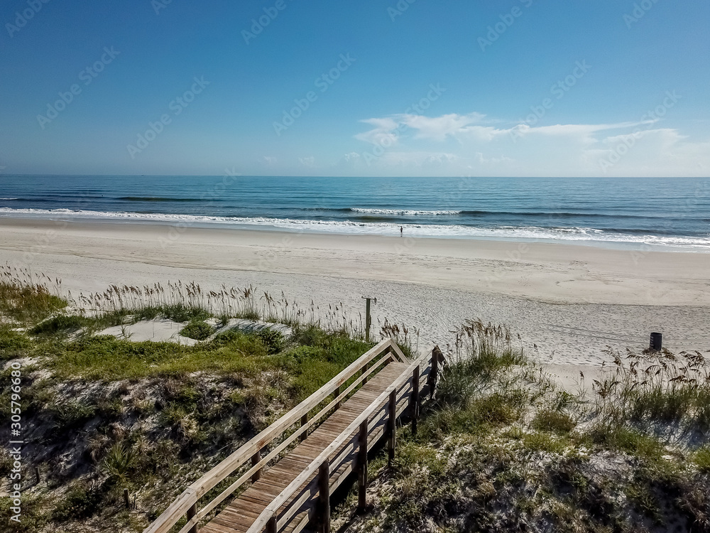 Aerial view of a wooden walkway to the ocean