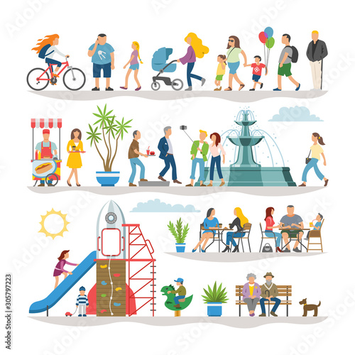 Flat illustrations set with collection simple character peoples walking on summer street or public space: man, woman, child, girl on bike, bench, table, plant, fountain, playground, food kiosk.