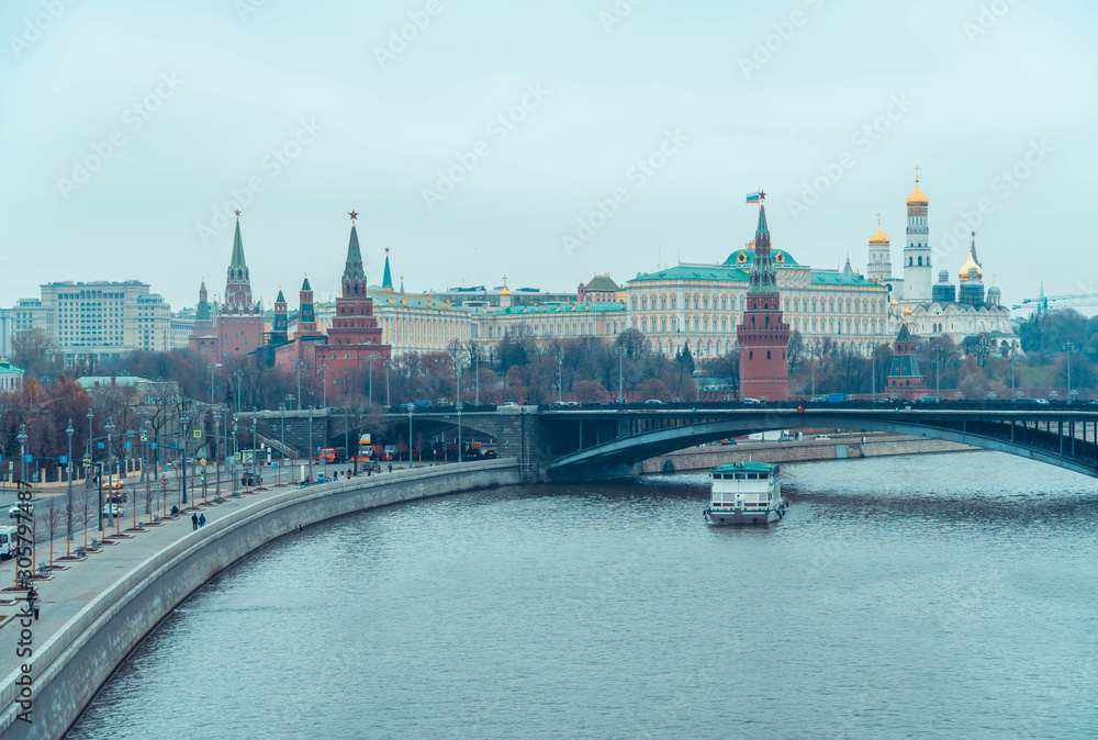 The view of Moscow-River, Kremlin from Patriarchy Bridge. Autumn cityscape.