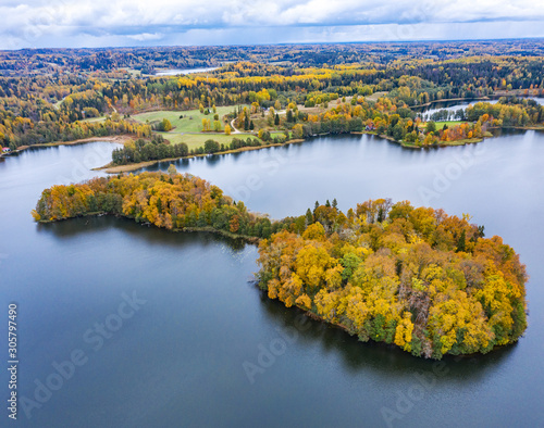 Island in the lake and forest in autumn colors. Golden trees and a blue water, nature environment. Sundown evening light in fall. © Artenex