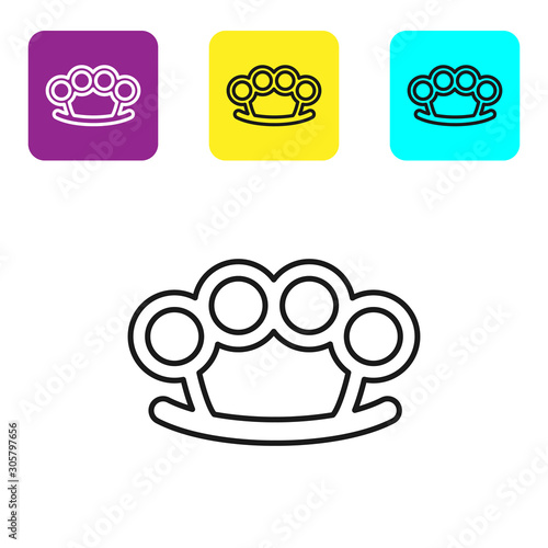 Black line Brass knuckles icon isolated on white background. Set icons colorful square buttons. Vector Illustration