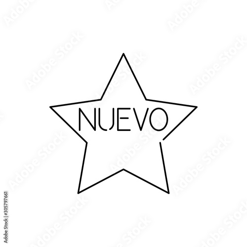 Icono plano lineal estrella con texto NUEVO en color negro	
