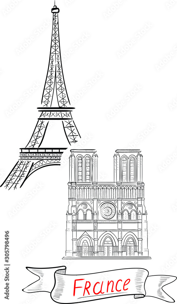 eiffel tower in paris vector isolated illustration on white background. red lettering. Concept for print, cards, banner  